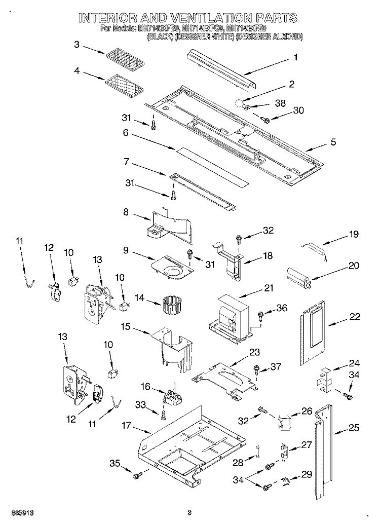 INTERIOR AND VENTILATION Diagram and Parts List for MH7140XFZ0  Whirlpool Microwave