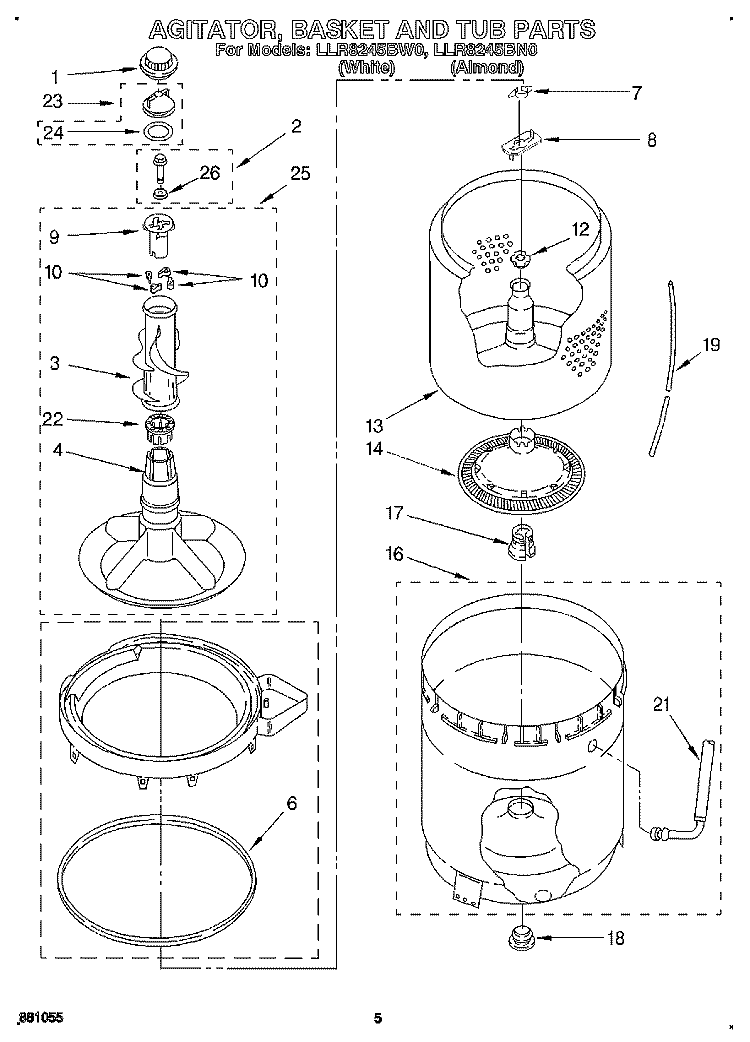 AGITATOR, BASKET AND TUB Diagram and Parts List for LLR8245BW0  Whirlpool Washer