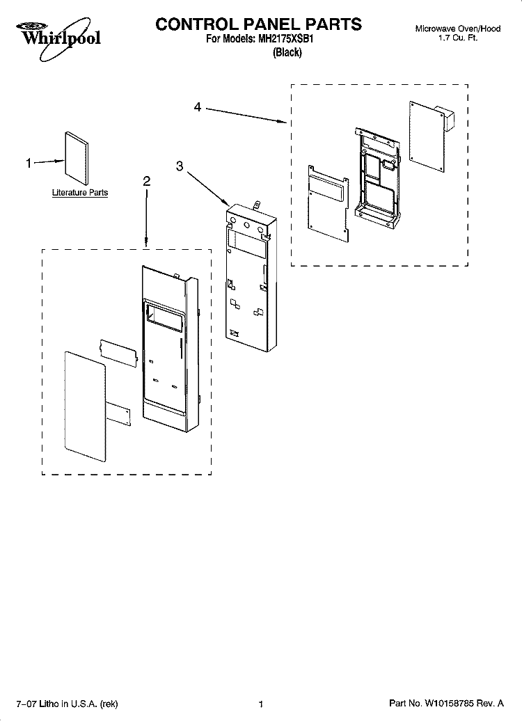 CONTROL PANEL PARTS Diagram and Parts List for MH2175XSB1  Whirlpool Microwave