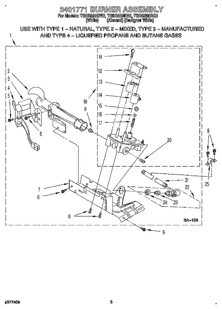 3401771 BURNER ASSEMBLY Diagram and Parts List for TGDS680BW2  Estate Dryer