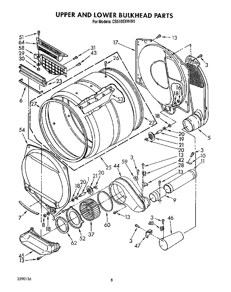 UPPER AND LOWER BULKHEAD, LIT/OPTIONAL Diagram and Parts List for CS5105XWW0  Whirlpool Dryer