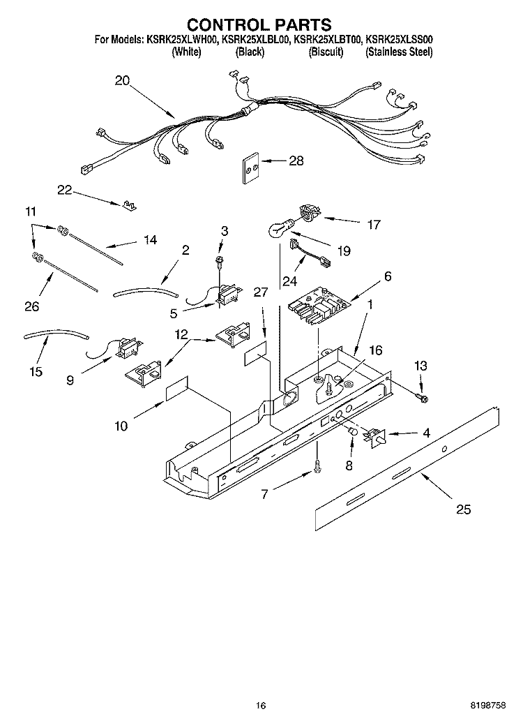 CONTROL PARTS Diagram and Parts List for KSRK25XLBT00  KitchenAid Refrigerator