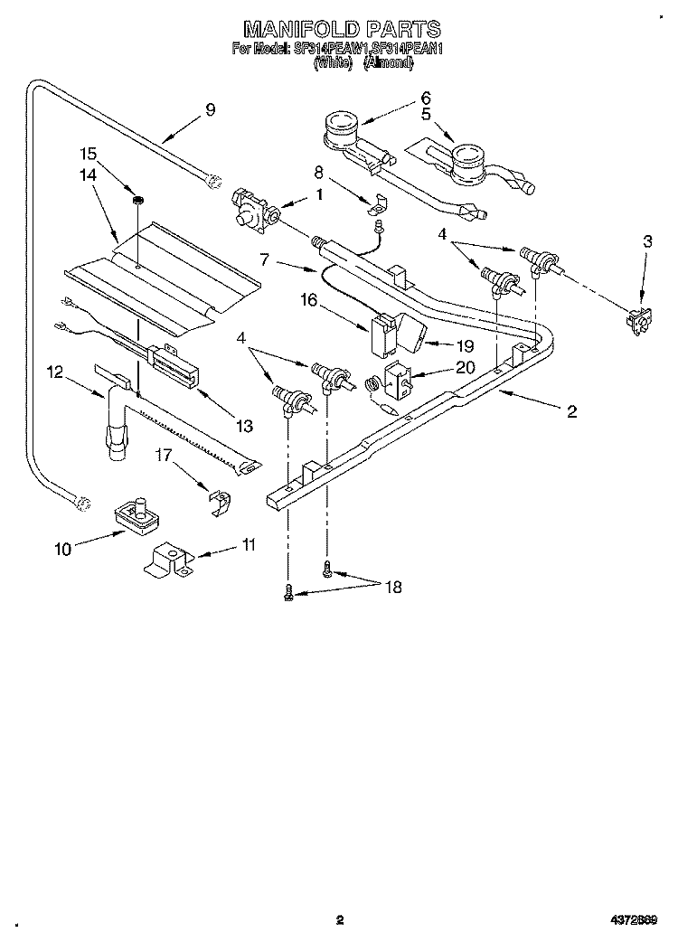 MANIFOLD Diagram and Parts List for SF314PEAW1  Whirlpool Range