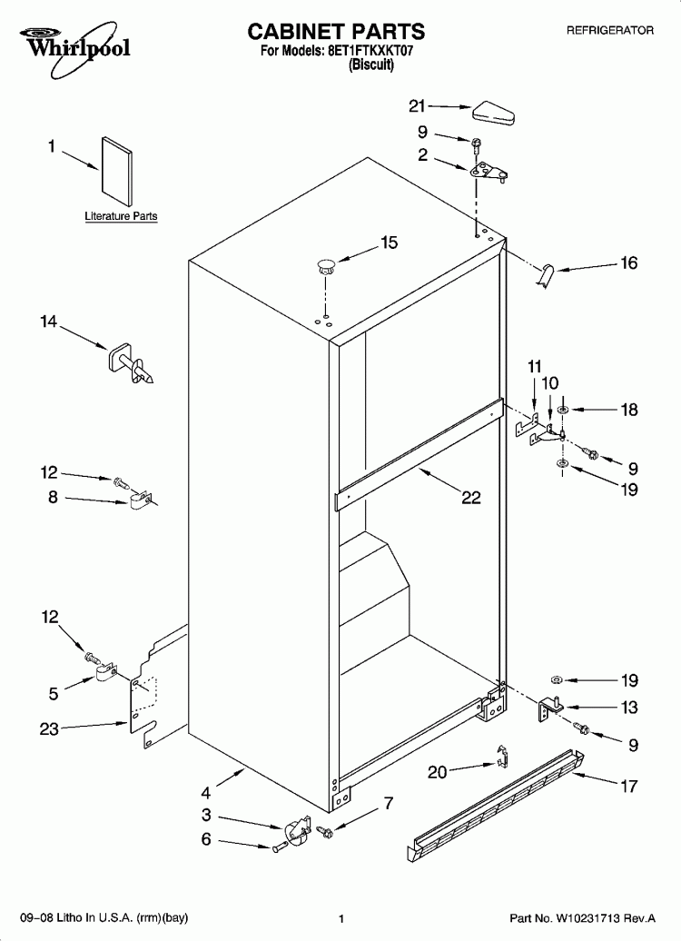CABINET PARTS Diagram and Parts List for 8ET1FTKXKT07  Whirlpool Refrigerator