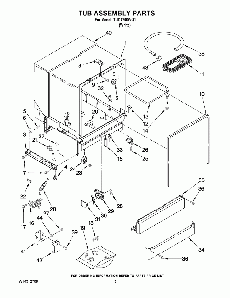 TUB ASSEMBLY PARTS Diagram and Parts List for TUD4700WQ1  Estate Dishwasher