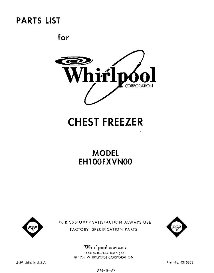 SECTION Diagram and Parts List for EH100FXVN00  Whirlpool Freezer