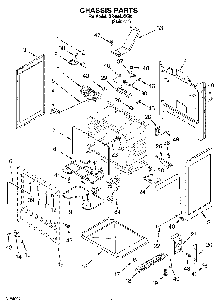 CHASSIS Diagram and Parts List for GR465LXKS0  Whirlpool Range
