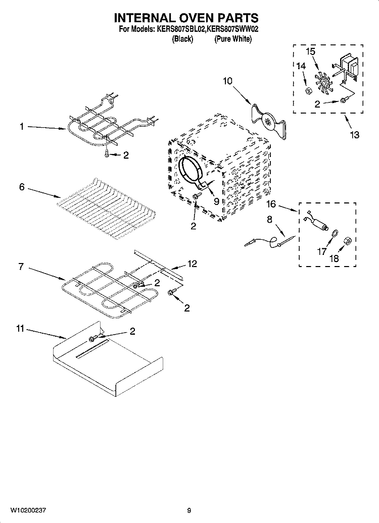 INTERNAL OVEN PARTS Diagram and Parts List for KERS807SBL02  KitchenAid Range