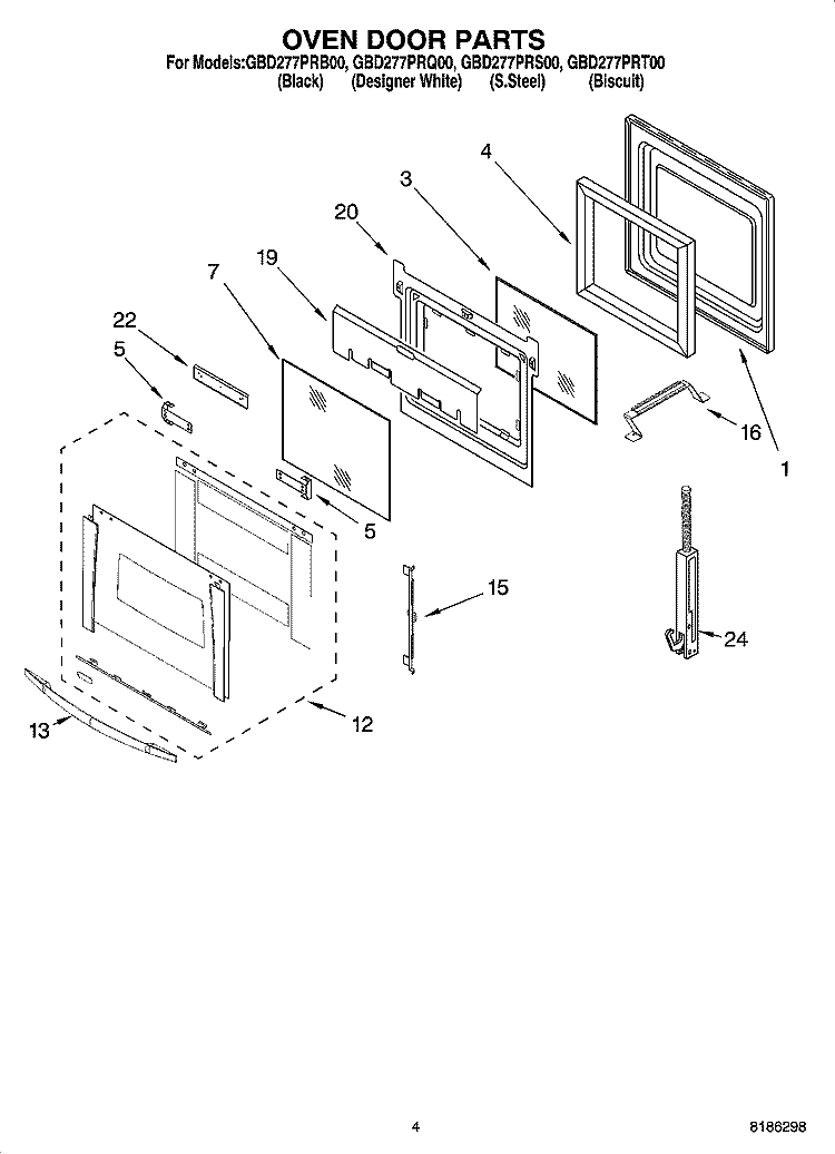OVEN DOOR PARTS Diagram and Parts List for GBD277PRB00  Whirlpool Wall Oven
