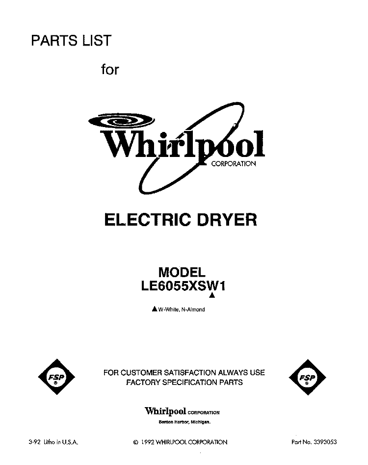 SECTION Diagram and Parts List for LE6055XSW1  Whirlpool Dryer