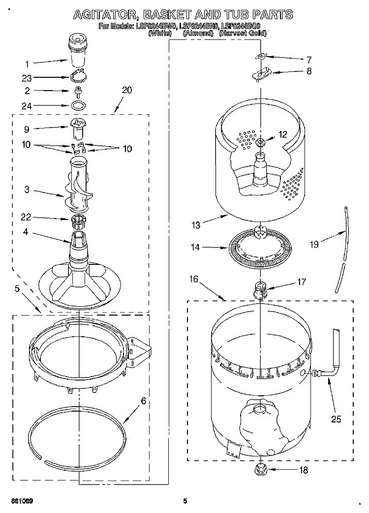 AGITATOR, BASKET, AND TUB Diagram and Parts List for LSP8244BG0  Whirlpool Washer