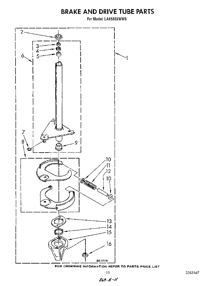 BRAKE AND DRIVE TUBE Diagram and Parts List for LA8580XWN0  Whirlpool Washer