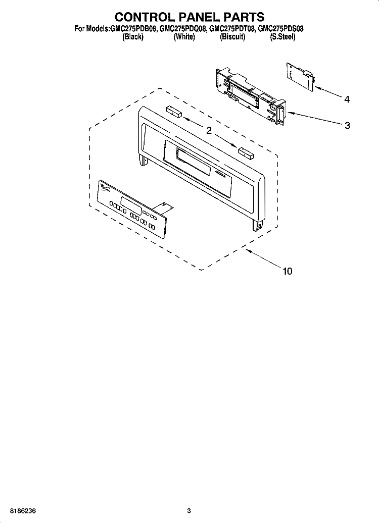 CONTROL PANEL PARTS Diagram and Parts List for GMC275PDS08  Whirlpool Microwave Oven Combo