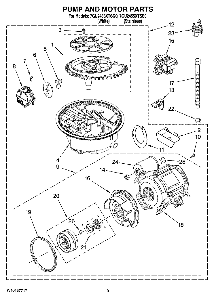 PUMP AND MOTOR PARTS Diagram and Parts List for 7GU2455XTSQ0  Whirlpool Dishwasher