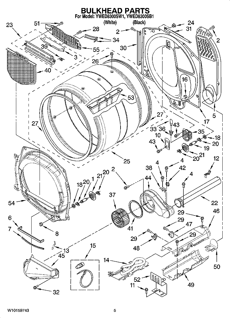 BULKHEAD PARTS Diagram and Parts List for YWED8300SW1  Whirlpool Dryer