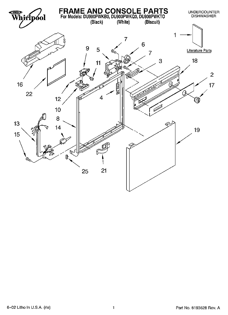 FRAME AND CONSOLE, LITERATURE Diagram and Parts List for DU900PWKB0  Whirlpool Dishwasher