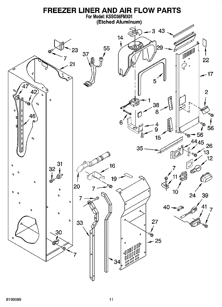 FREEZER LINER AND AIR FLOW PARTS Diagram and Parts List for KSSO36FMX01  KitchenAid Refrigerator