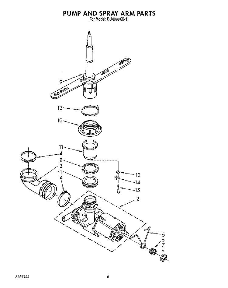 PUMP AND SPRAY ARM Diagram and Parts List for DU4099XX1  Whirlpool Dishwasher