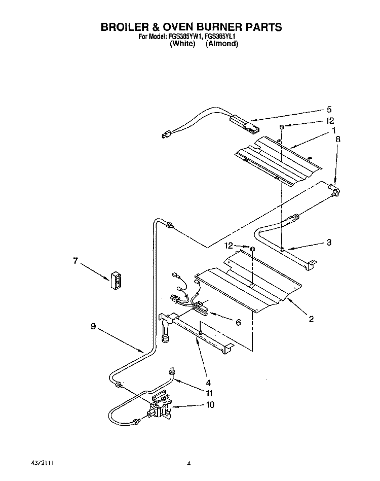 BROILER AND OVEN BURNER Diagram and Parts List for FGS385YL1  Whirlpool Range