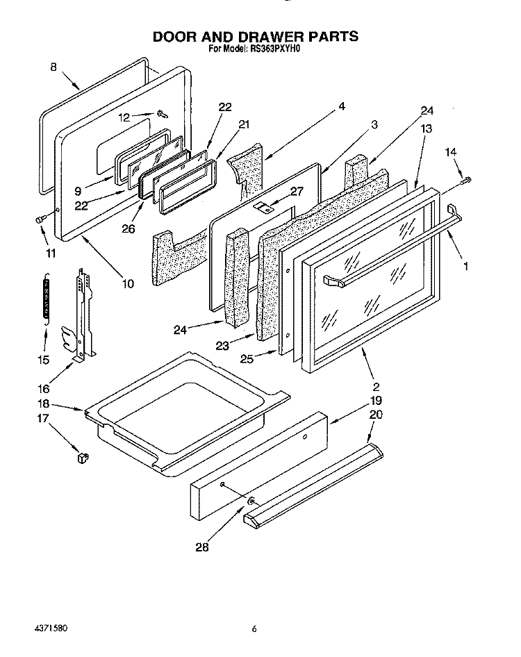 DOOR AND DRAWER Diagram and Parts List for RS363PXYH0  Whirlpool Range