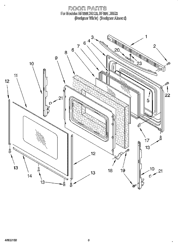 DOOR Diagram and Parts List for RF388LXGZ2  Whirlpool Range