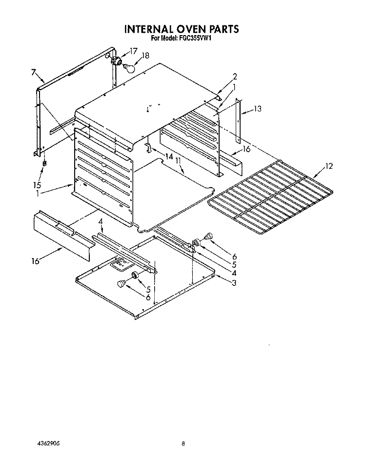 INTERNAL OVEN Diagram and Parts List for FGC355VL1  Whirlpool Range