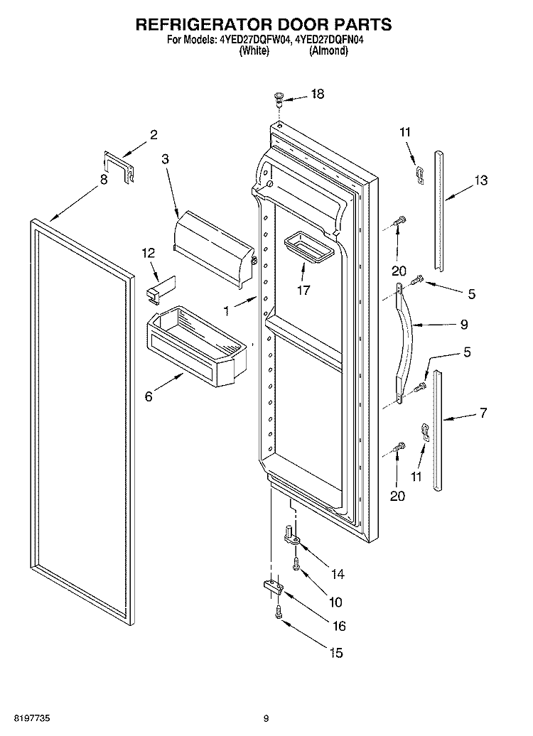 REFRIGERATOR DOOR Diagram and Parts List for 4YED27DQFN04  Whirlpool Refrigerator