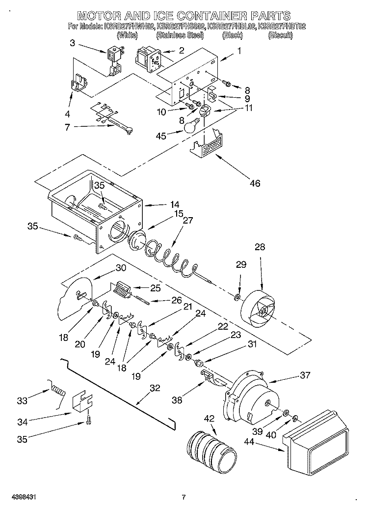 MOTOR AND ICE CONTAINER Diagram and Parts List for KSRB27FHBL02  KitchenAid Refrigerator