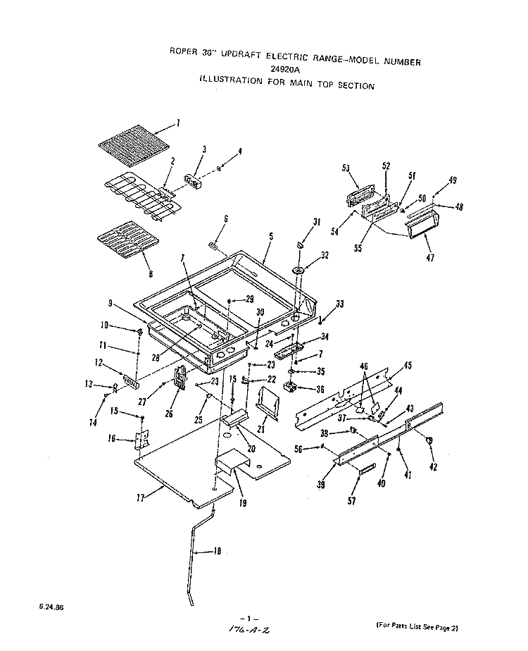 MAIN TOP Diagram and Parts List for 2492L0A  Roper Range