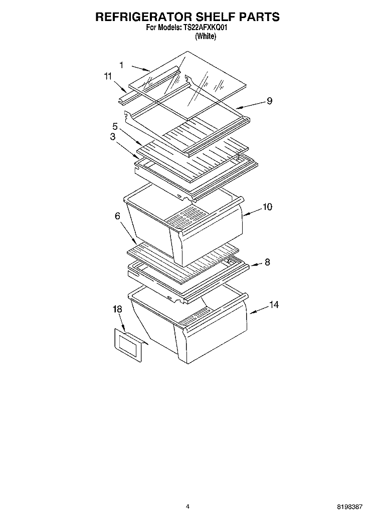 REFRIGERATOR SHELF Diagram and Parts List for TS22AFXKQ01  Estate Refrigerator