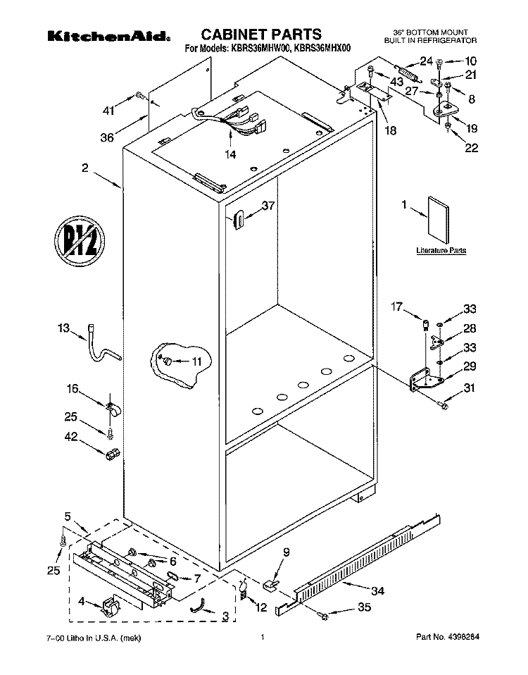 CABINET, LITERATURE Diagram and Parts List for KBRS36MHW00  KitchenAid Refrigerator
