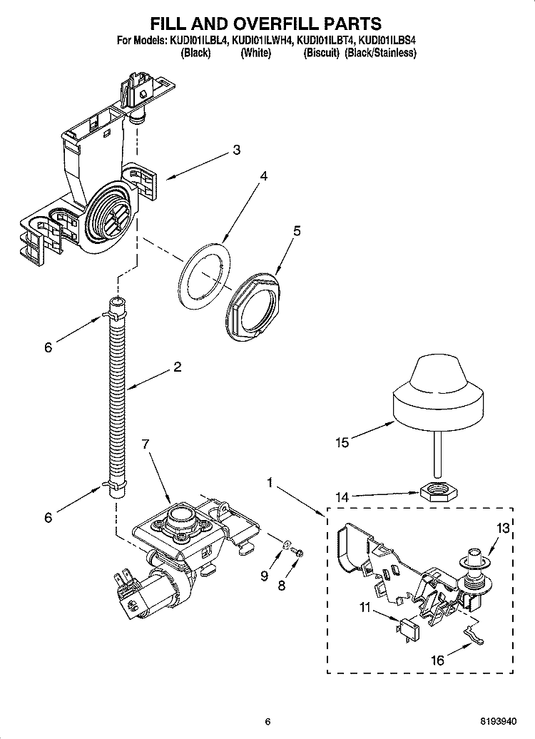 FILL AND OVERFILL PARTS Diagram and Parts List for KUDI01ILWH4  KitchenAid Dishwasher
