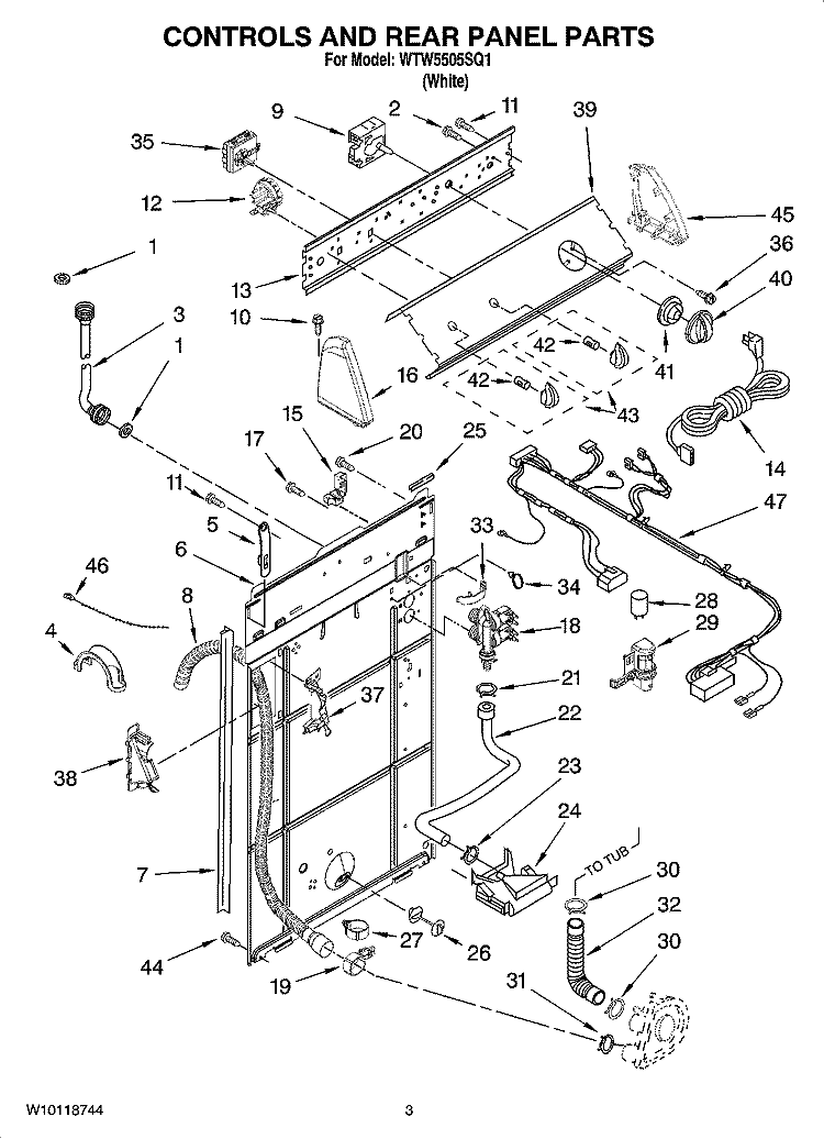 CONTROLS AND REAR PANEL PARTS Diagram and Parts List for WTW5505SQ1  Whirlpool Washer
