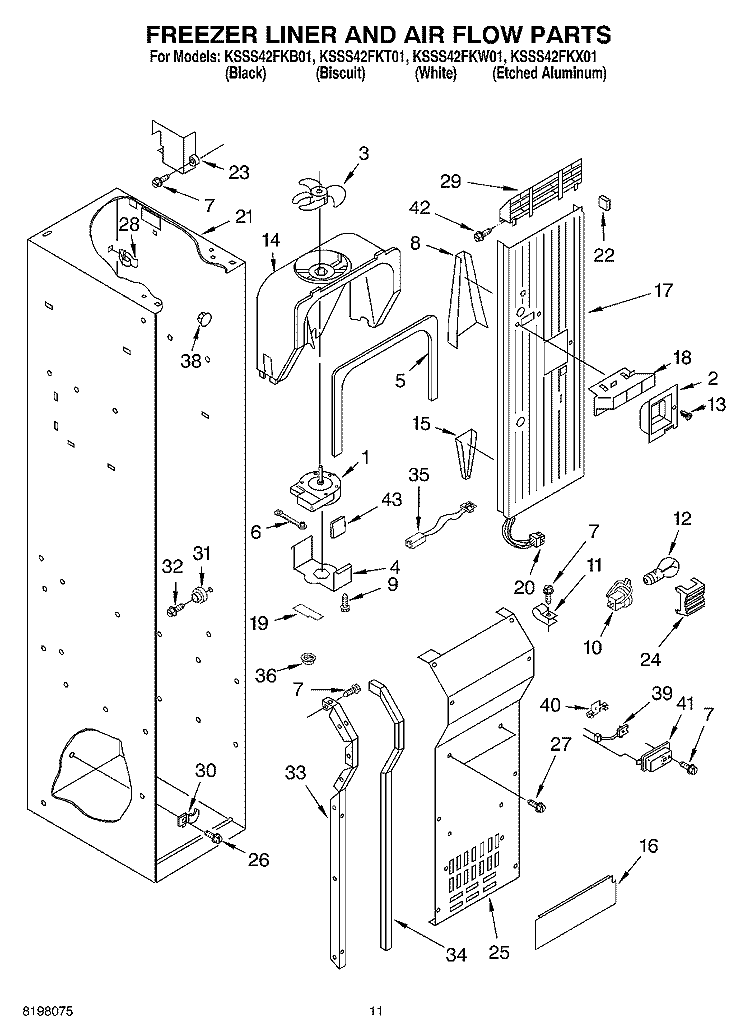 FREEZER LINER AND AIR FLOW Diagram and Parts List for KSSS42FKW01  KitchenAid Refrigerator