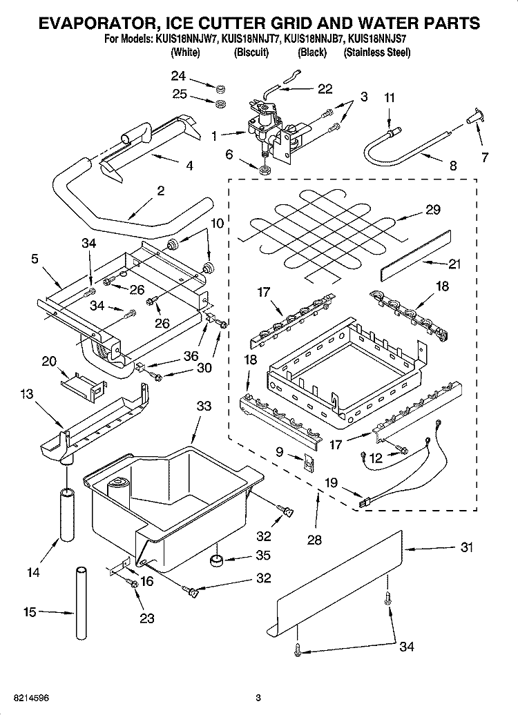 EVAPORATOR, ICE CUTTER GRID AND WATER PARTS Diagram and Parts List for KUIS18NNJB7  KitchenAid Ice Maker