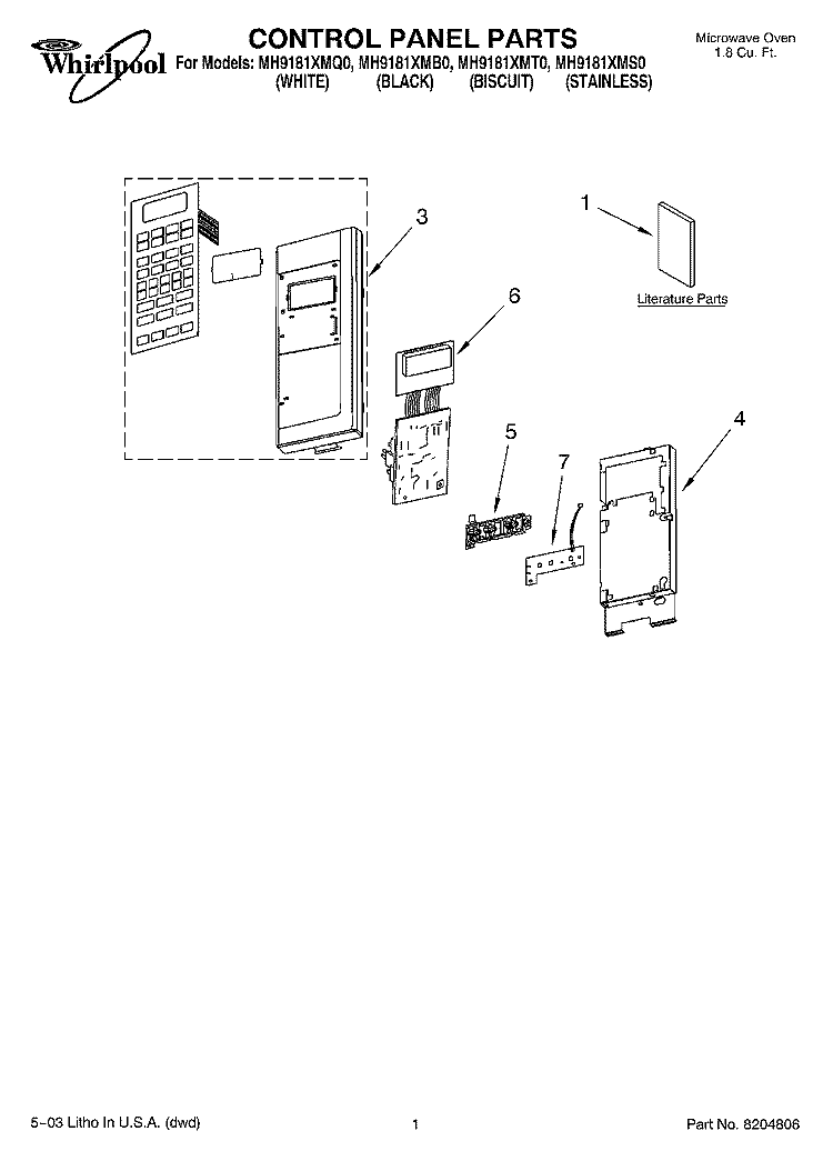 CONTROL PANEL PARTS Diagram and Parts List for MH9181XMQ0  Whirlpool Microwave