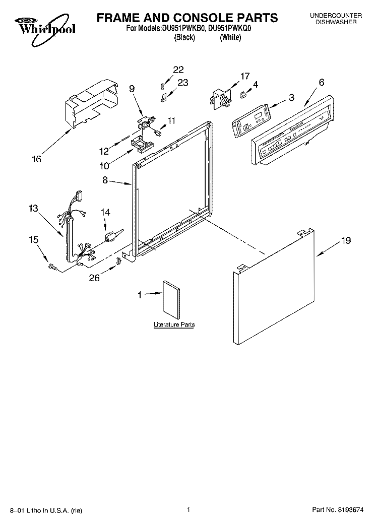 FRAME & CONSOLE, LITERATURE Diagram and Parts List for DU951PWKQ0  Whirlpool Dishwasher