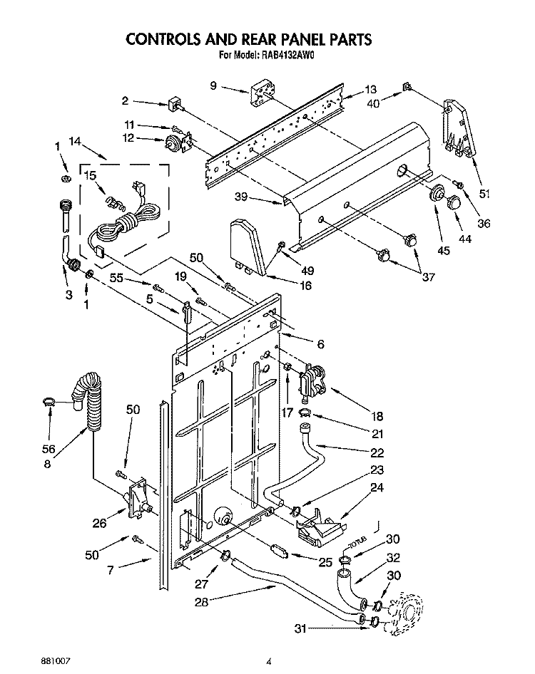 CONTROLS AND REAR PANEL Diagram and Parts List for RAB4132AW0  Roper Washer