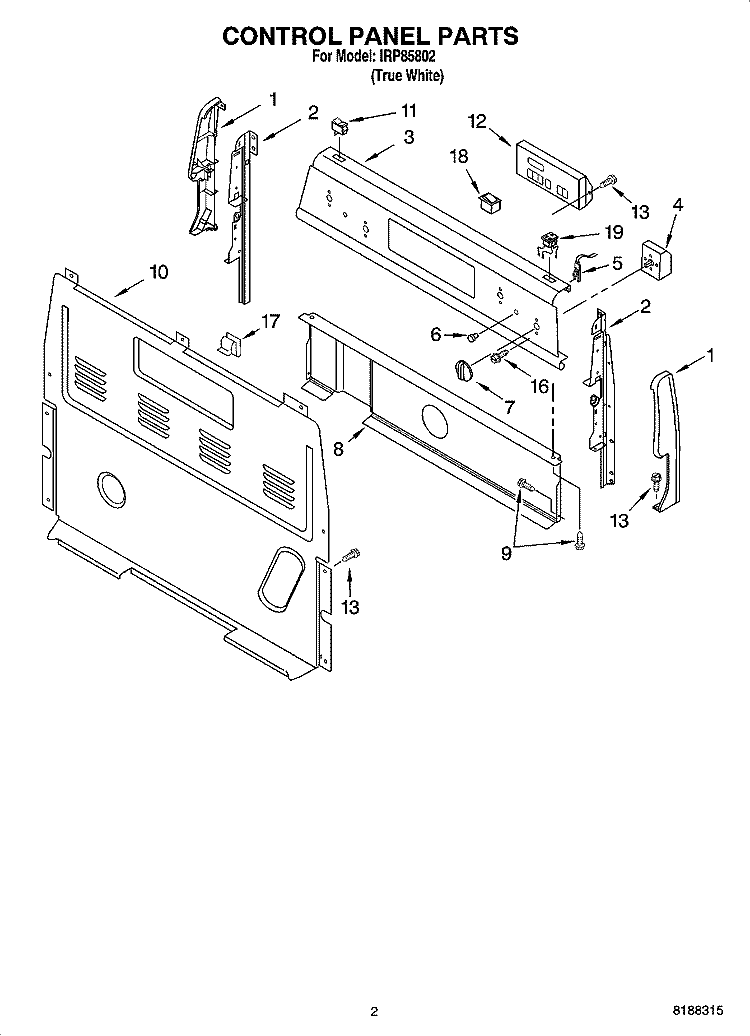 CONTROL PANEL PARTS Diagram and Parts List for IRP85802  Inglis Range
