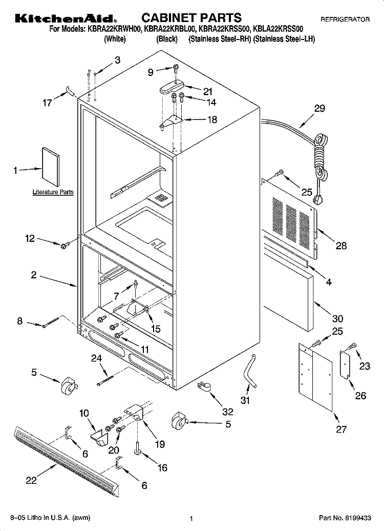 CABINET PARTS Diagram and Parts List for KBLA22KRSS00  KitchenAid Refrigerator