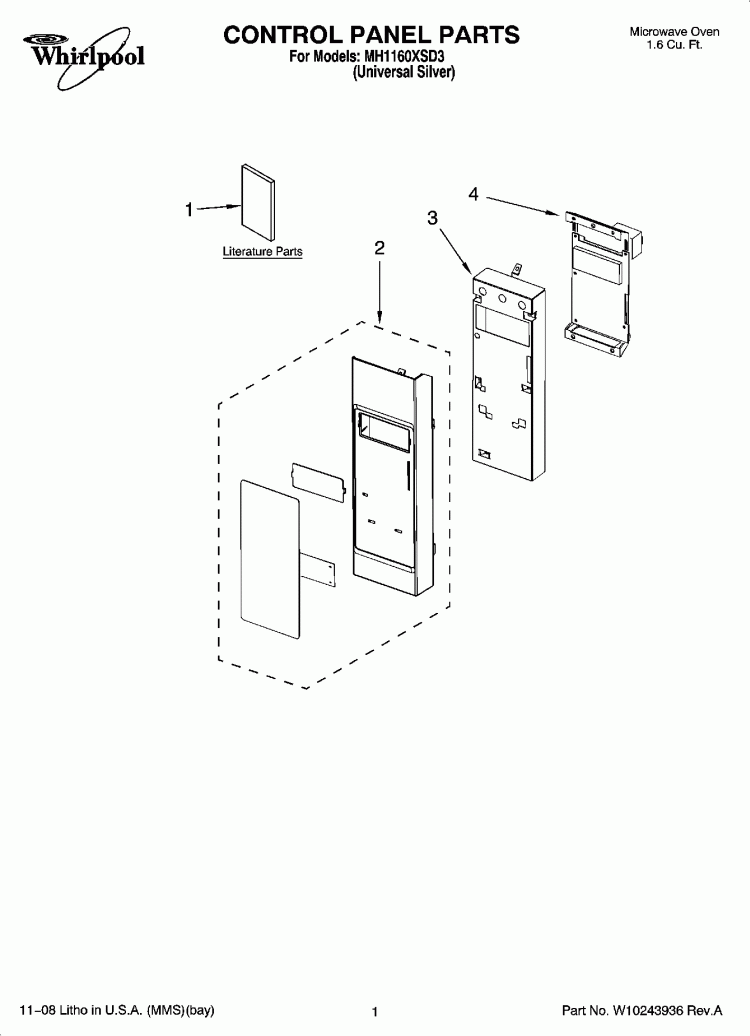 CONTROL PANEL PARTS Diagram and Parts List for MH1160XSD3  Whirlpool Microwave