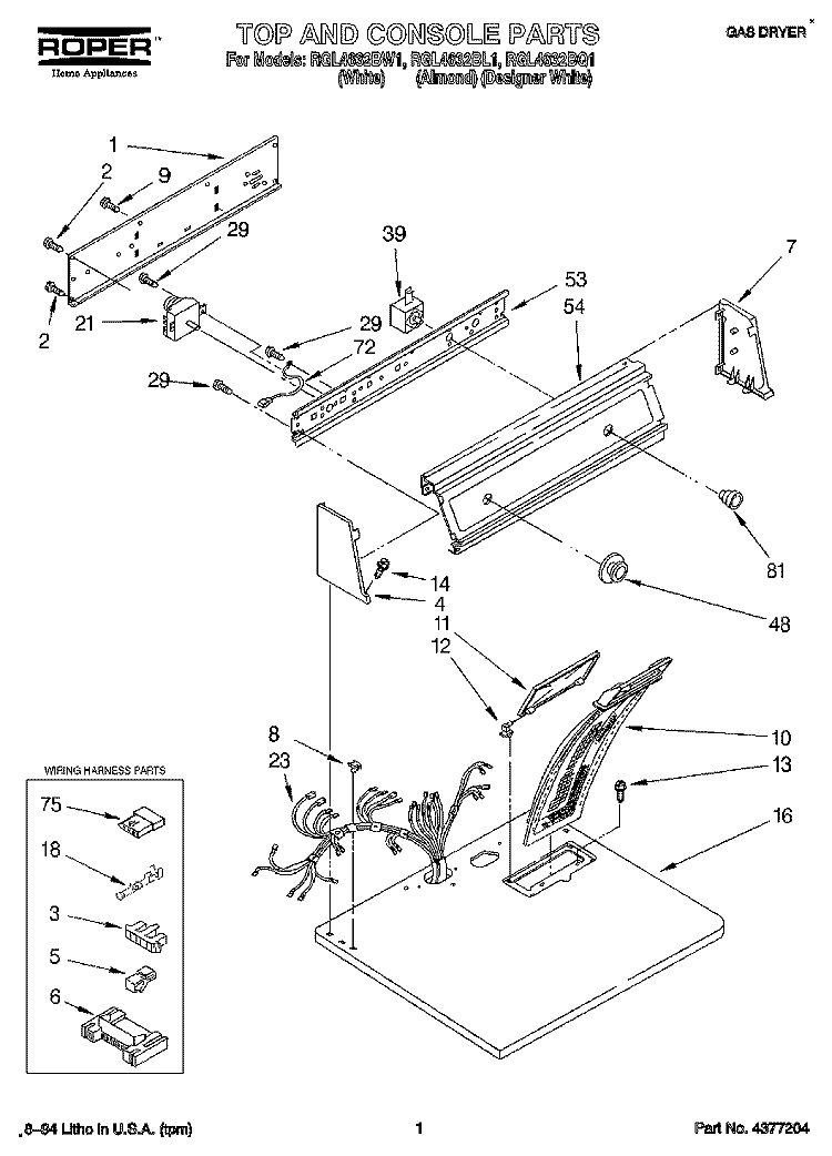 TOP AND CONSOLE, LIT/OPTIONAL Diagram and Parts List for RGL4632BQ1  Roper Dryer