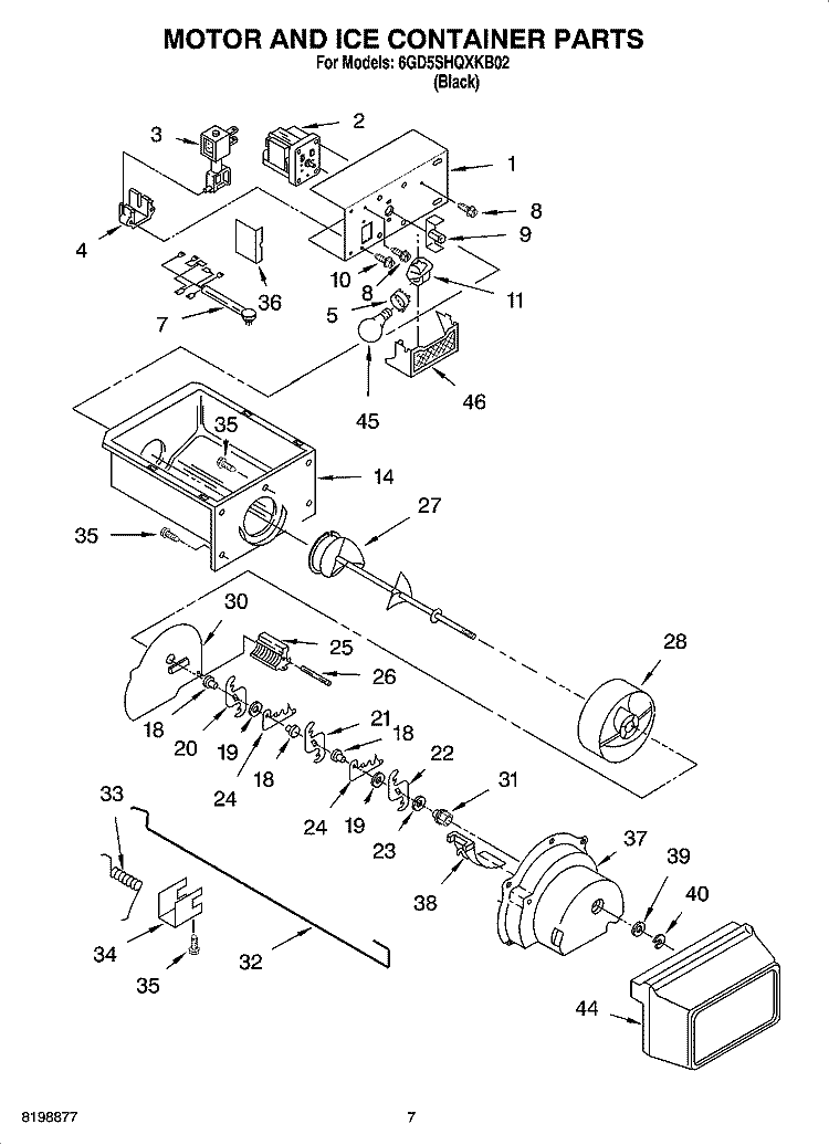 MOTOR AND ICE CONTAINER PARTS Diagram and Parts List for 6GD5SHQXKB02  Whirlpool Refrigerator