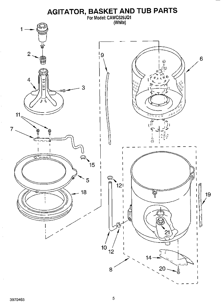 AGITATOR, BASKET AND TUB PARTS Diagram and Parts List for CAWC529JQ1  Crosley Washer