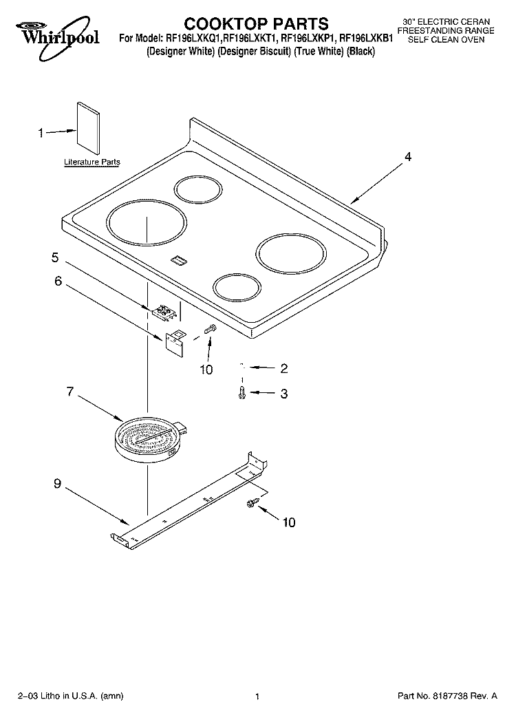 COOKTOP PARTS Diagram and Parts List for RF196LXKQ1  Whirlpool Range