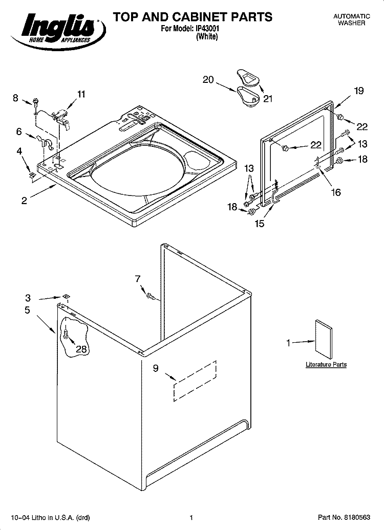 TOP AND CABINET PARTS Diagram and Parts List for IP43001  Inglis Washer