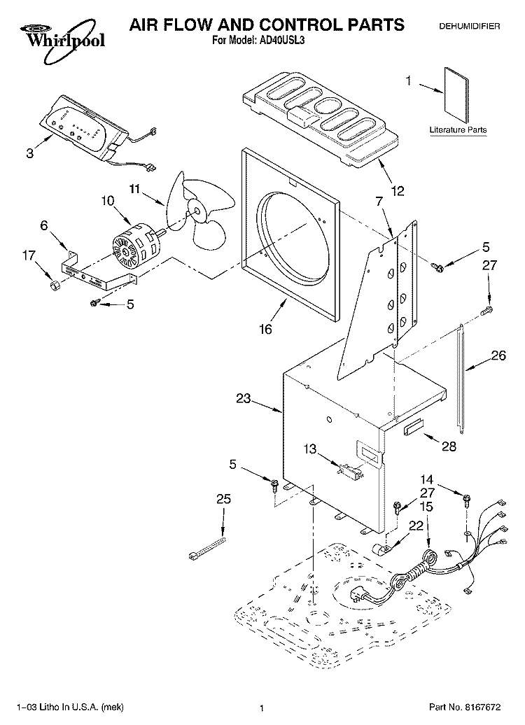 AIR FLOW AND CONTROL PARTS Diagram and Parts List for AD40USL3  Whirlpool Dehumidifier