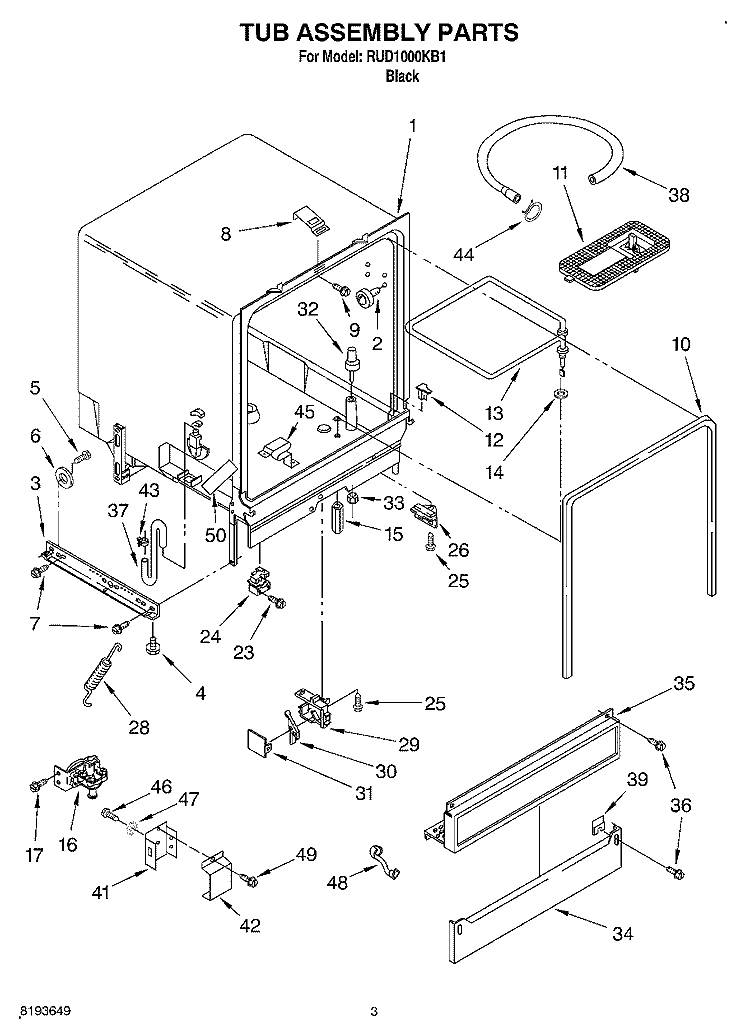 TUB ASSEMBLY Diagram and Parts List for RUD1000KB1  Roper Dishwasher