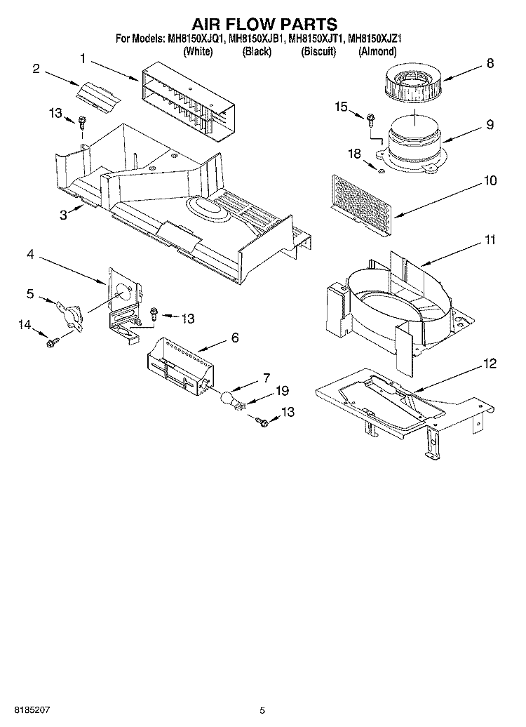 AIR FLOW PARTS Diagram and Parts List for MH8150XJZ1  Whirlpool Microwave