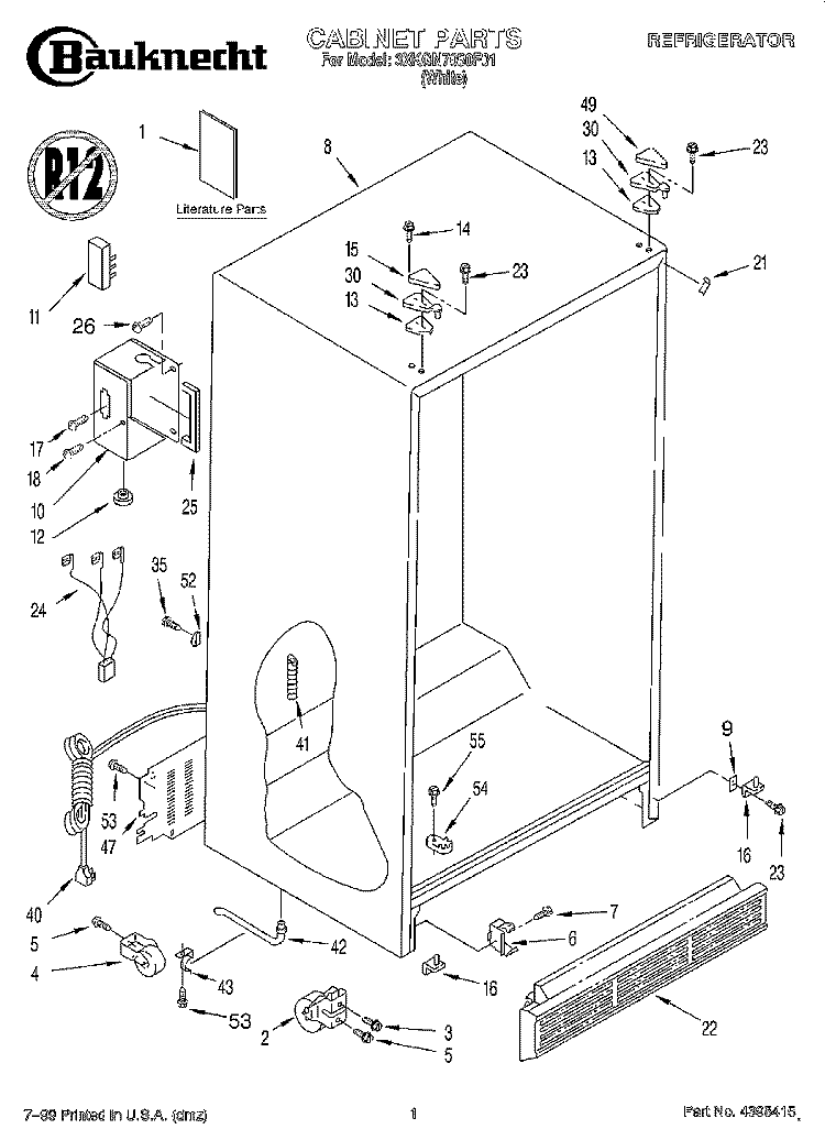 CABINET, LITERATURE Diagram and Parts List for 3XKGN7050F01  Whirlpool Refrigerator